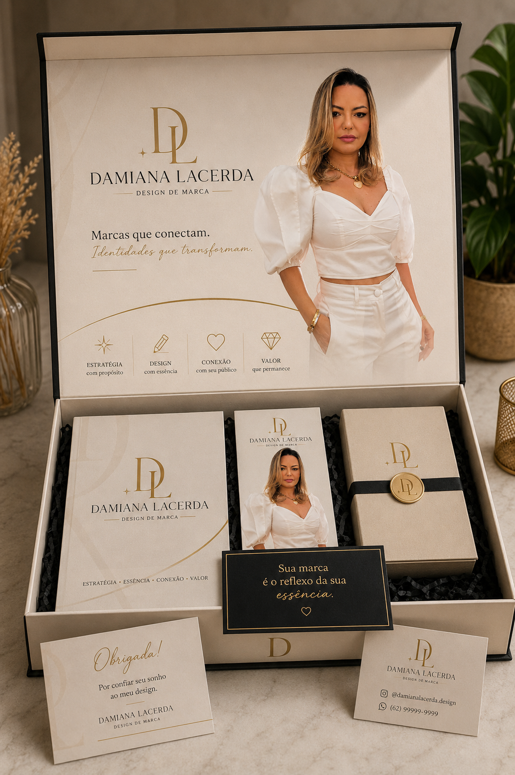 Kit de boas-vindas Damiana Lacerda — caixa de presente com papelaria, cartões e materiais da marca