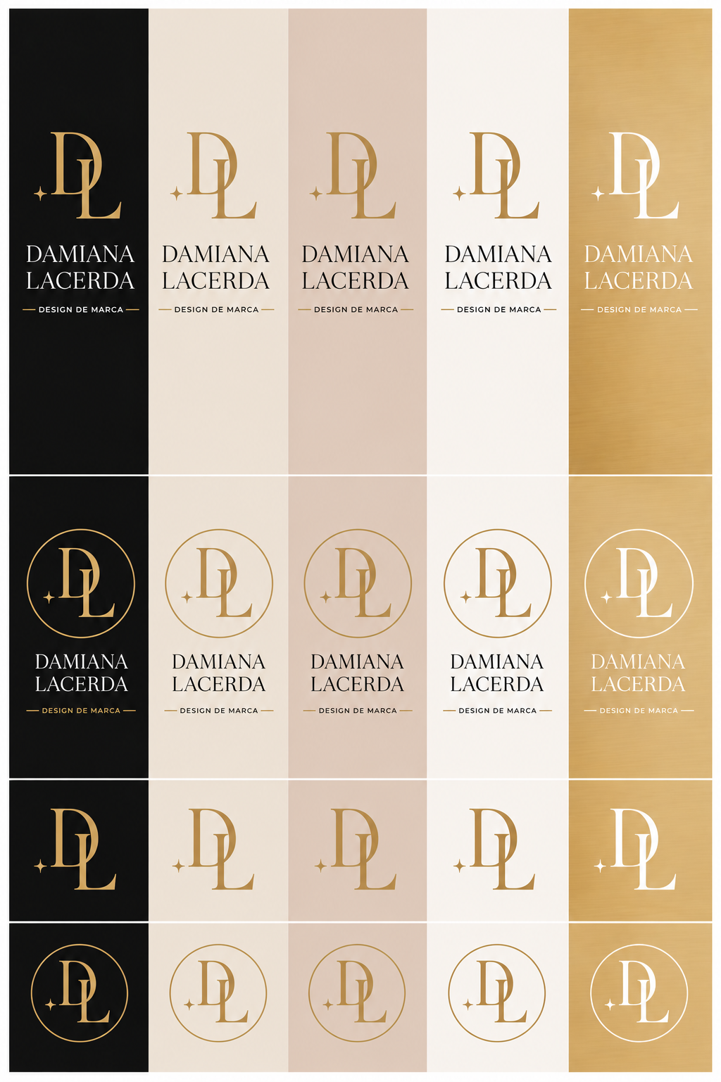 Grade de aplicações da logo Damiana Lacerda em diferentes cores