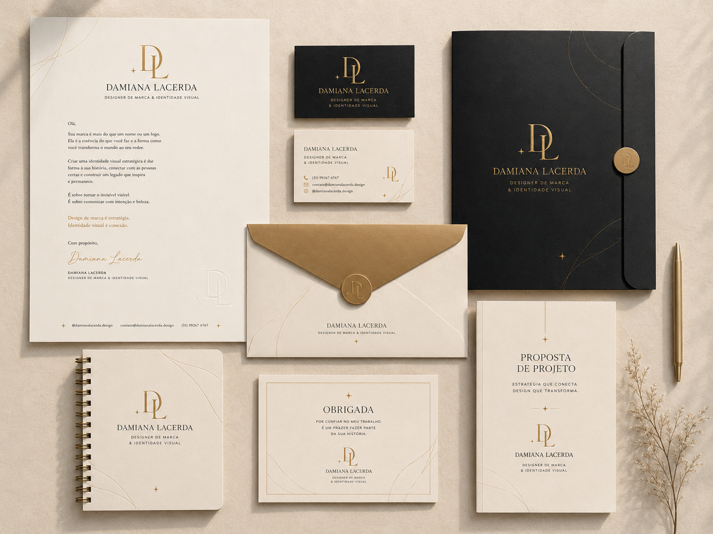 Conjunto de papelaria Damiana Lacerda — papel timbrado, cartões, envelope, pasta e cadernos